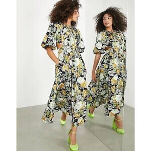 ASOS EDITION Sz 4 Might Fit 2 Black Yellow Floral Puff Sleeve Midi Dress NWT